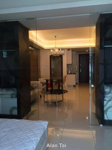 Room features: glass partition, chandelier, recessed lighting, cream walls, tile flooring, open kitchen, dining table, sofa, coffee table; style: modern.