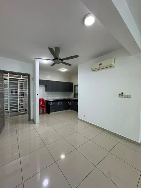 Living features: white painted walls, glossy ceramic tile flooring, 5-blade ceiling fan with light, wall-mounted air conditioning unit, recessed LED downlights, open layout, kitchen area visible, sliding glass door, window with grille, neutral color scheme; style: modern.
