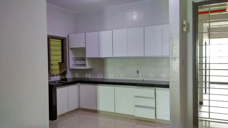 Kitchen features: white cabinetry, black granite countertop, single-bowl stainless-steel sink, chrome pull-down faucet, ceramic tile flooring, white tiled backsplash, built-in upper cabinets, lower cabinets with drawers, window with security bars, open shelving, recessed lighting; style: modern.
