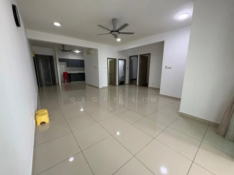 Living features: white painted walls, glossy ceramic tile flooring, 5-blade ceiling fan with light, recessed downlights, large windows, open layout, neutral color scheme, space for furniture arrangement; style: modern. Kitchen features: kitchen cabinetry, countertop, open to living area; style: modern.