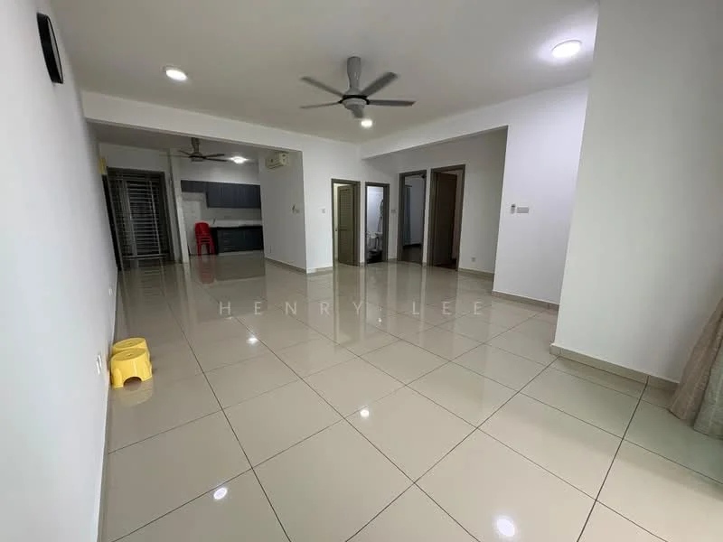 Living features: white painted walls, glossy ceramic tile flooring, recessed downlights, 2 ceiling fans, large windows, neutral curtains, open layout, doorways leading to other rooms; style: modern. Kitchen features: kitchen cabinetry, stainless-steel sink, countertop, appliances visible in background; style: modern.