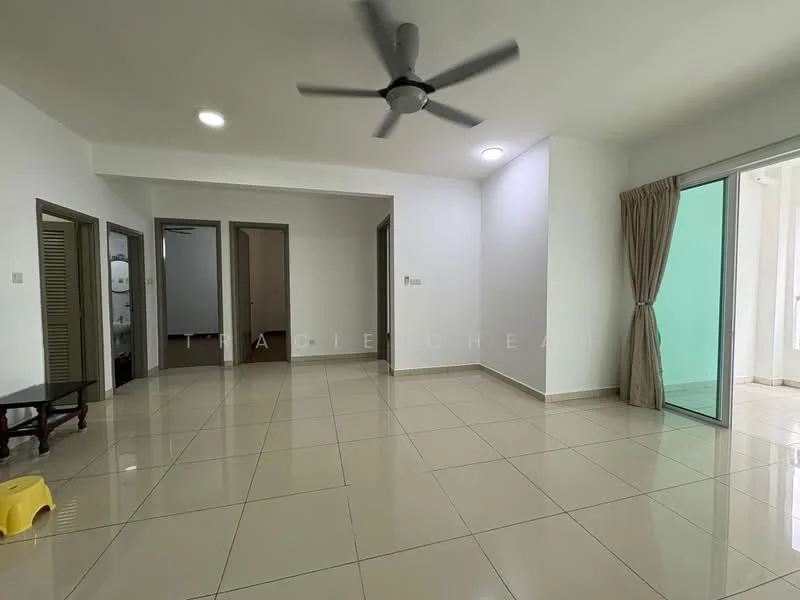 Living features: white painted walls, glossy beige tile flooring, 5-blade ceiling fan with light, sliding glass door, floor-to-ceiling windows, curtains, recessed downlights, open layout, doorway to other rooms; style: modern.