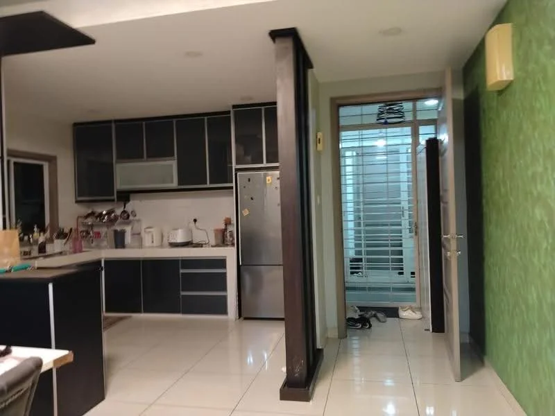 Kitchen features: black and white cabinetry, stainless-steel fridge, built-in oven, ceramic cooktop, white countertop, double-basin sink, chrome faucet, tile flooring, recessed lighting, open shelving, kitchen island with seating, green accent wall; style: modern. Room features: glass door, white walls, tile flooring.