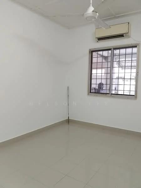 Room features: white painted walls, tile flooring, ceiling fan, window with metal grille, wall-mounted air conditioning unit.