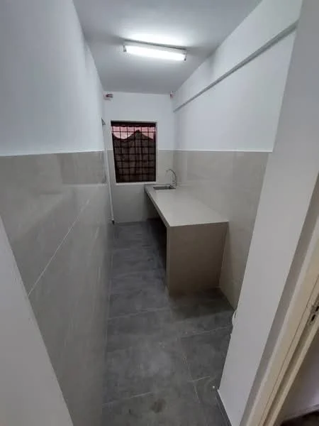 Laundry features: grey ceramic tile flooring, white painted walls, single-bowl stainless-steel sink, countertop in light beige, window with security bars, fluorescent ceiling lights; style: modern.
