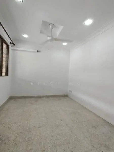 Room features: white painted walls, ceiling fan, recessed LED downlights, marble flooring, window with grid design, no visible furniture, neutral color scheme, smooth ceiling; style: modern.
