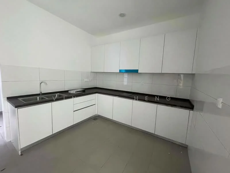 Kitchen features: white flat-panel cabinets, black countertop, double-bowl stainless-steel sink, chrome pull-down faucet, built-in stove, tile backsplash, grey ceramic tile flooring, recessed downlights; style: modern.