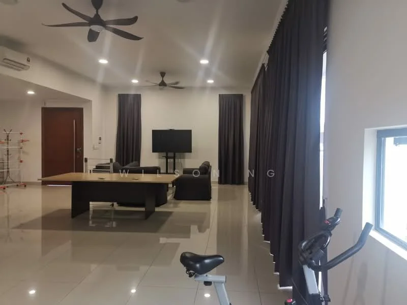 Living features: large rectangular dining table, 4 black upholstered dining chairs, 3-seater black leather sofa, 2-seater black leather sofa, wall-mounted TV, ceiling fan with light, recessed downlights, grey curtains, white walls, glossy tile flooring, exercise bike, decorative wall art; style: modern.