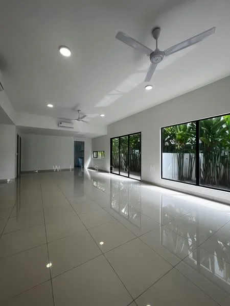 Living features: white painted walls, polished ceramic tile flooring, recessed downlights, 2 ceiling fans, floor-to-ceiling windows, view of greenery, air conditioning unit, open layout; style: modern; view: garden.