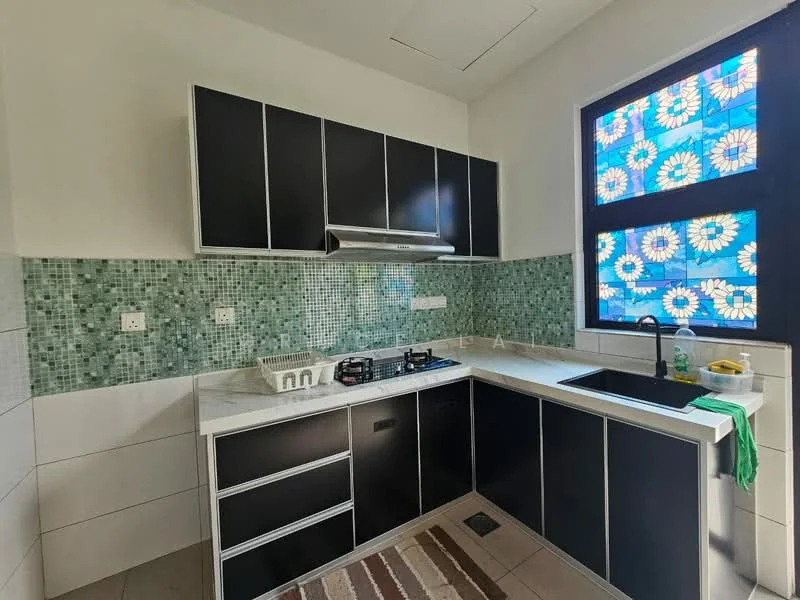 Kitchen features: black cabinetry, white countertop, stainless-steel sink, chrome pull-down faucet, built-in gas hob, exhaust hood, green mosaic tile backsplash, white tiled walls, grey tiled flooring, window with floral pattern treatment, kitchen towel, dish rack; style: modern.