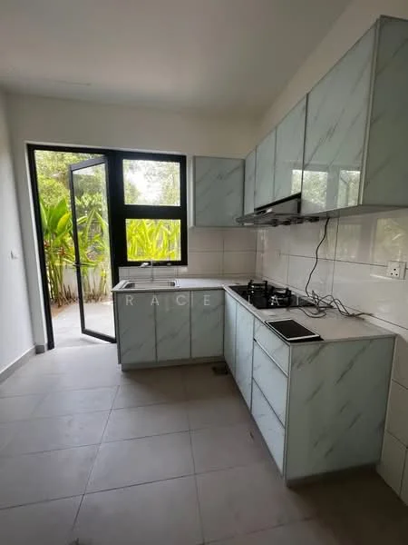 Kitchen features: light blue cabinetry with marble pattern, stainless-steel sink, chrome pull-down faucet, built-in gas stove, white tiled backsplash, grey tile flooring, floor-to-ceiling window, sliding glass door leading to outdoor space, countertop with space for appliances, open layout, natural light from window, greenery view from window; style: modern; view: garden.