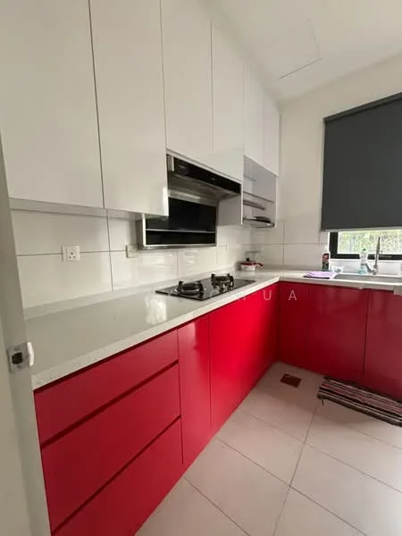 Kitchen features: red cabinetry, white upper cabinets, granite countertop, built-in oven, gas cooktop with 2 burners, stainless-steel range hood, single-bowl stainless-steel sink, window with roller blinds, tile flooring, wall-mounted storage, modern faucet; style: modern.