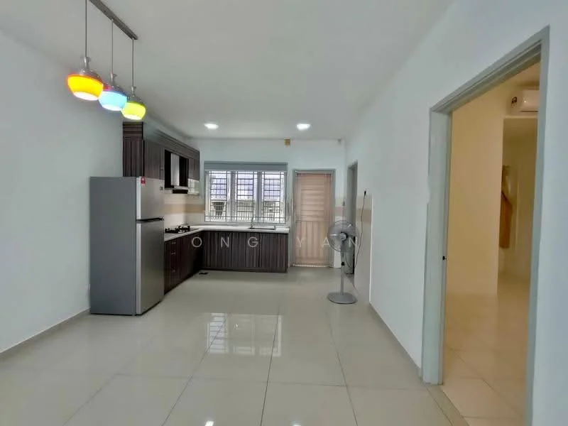 Kitchen features: stainless-steel fridge, built-in oven, 4-burner gas hob, kitchen cabinets in dark wood, white countertop, pendant lighting with colored bulbs, wall-mounted fan, ceramic tile flooring, window with grille, open layout to living area; style: modern. Room features: white painted walls, light-colored flooring, doorway leading to another room.