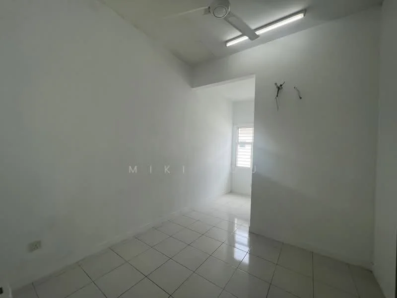 Room features: white painted walls, glossy white tile flooring, ceiling fan, window with blinds, natural light from window, minimalist decor, no visible furniture, neutral color scheme; style: minimalist.