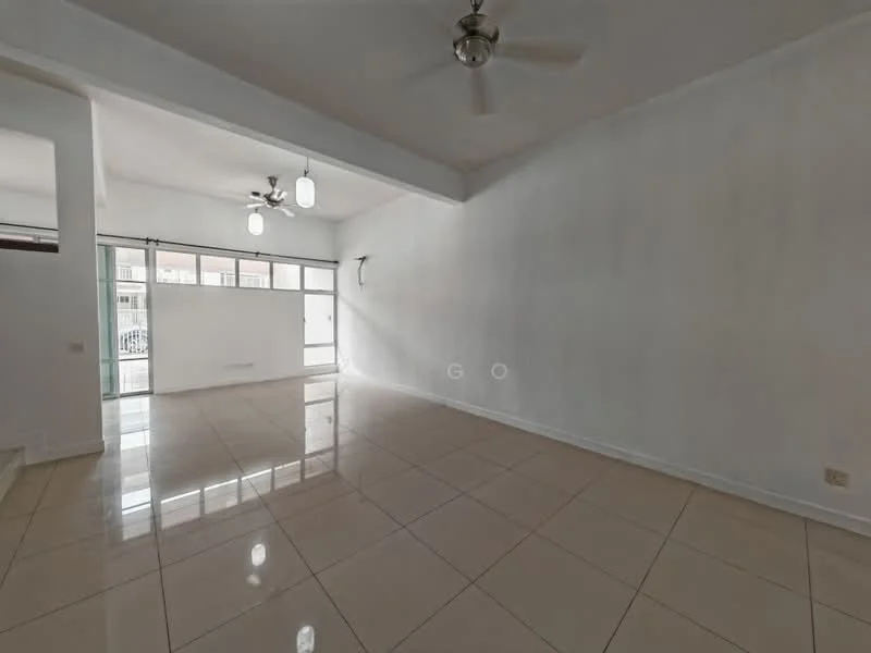 Living features: white painted walls, glossy ceramic tile flooring, 5-blade ceiling fan with light, recessed downlights, large windows for natural light, open layout, sliding glass door, neutral color palette; style: modern.