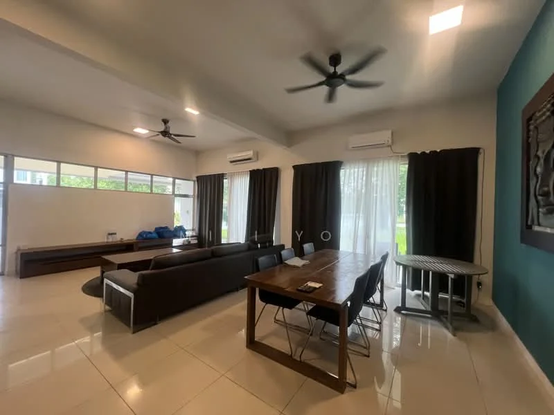 Living features: 2 ceiling fans, sofa with dark upholstery, coffee table, TV console, wall-mounted TV, large windows with sheer curtains, curtains in dark color, tile flooring, recessed lighting, decorative wall art, dining table with 6 chairs; style: modern; view: garden.