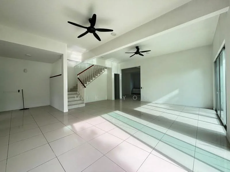 Living features: white painted walls, polished ceramic tile flooring, 2 ceiling fans, large sliding glass doors, natural light from windows, staircase leading to upper floor, open layout, no visible furniture; style: modern; view: garden.