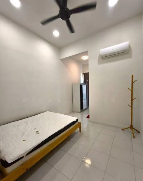 Bedroom features: white painted walls, glossy tile flooring, 5-blade ceiling fan, wall-mounted split AC, single bed frame, empty mattress, clothes rack, doorway leading to hallway.
