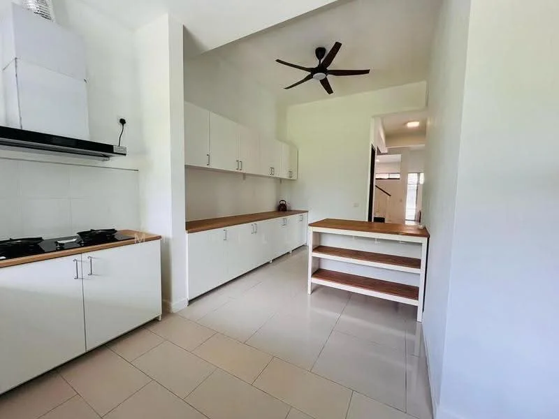 Kitchen features: white cabinetry, wood countertop, stainless-steel gas hob, exhaust hood, white tiled backsplash, light-colored tile flooring, ceiling fan, open shelving, natural light from windows, minimalist design; style: modern.