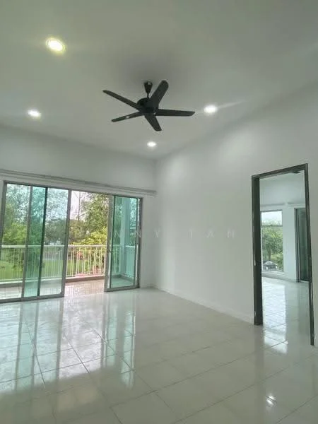 Living features: white painted walls, glossy tile flooring, 5-blade ceiling fan with light, floor-to-ceiling sliding glass door, balcony access, natural light from windows, view of greenery, recessed lighting; style: modern; view: garden.