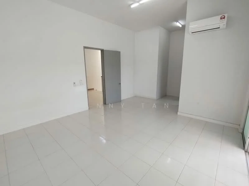 Room features: white painted walls, glossy ceramic tile flooring, 1 wall-mounted split AC, LED ceiling lights, neutral color scheme, doorway leading to another room, large windows for natural light; style: modern.