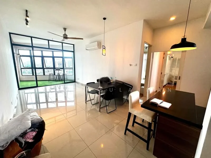 Living features: floor-to-ceiling windows, white painted walls, polished ceramic tile flooring, 5-blade ceiling fan with light, recessed LED downlights, dining table with chairs, study desk, air conditioning unit, green view from windows, open layout, decorative wall with shelving; style: modern; view: city.