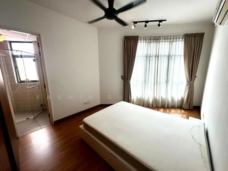 Bedroom features: wooden flooring, white painted walls, 5-blade ceiling fan, floor-to-ceiling windows, sheer curtains, natural light, built-in wardrobe, track lighting; style: modern.