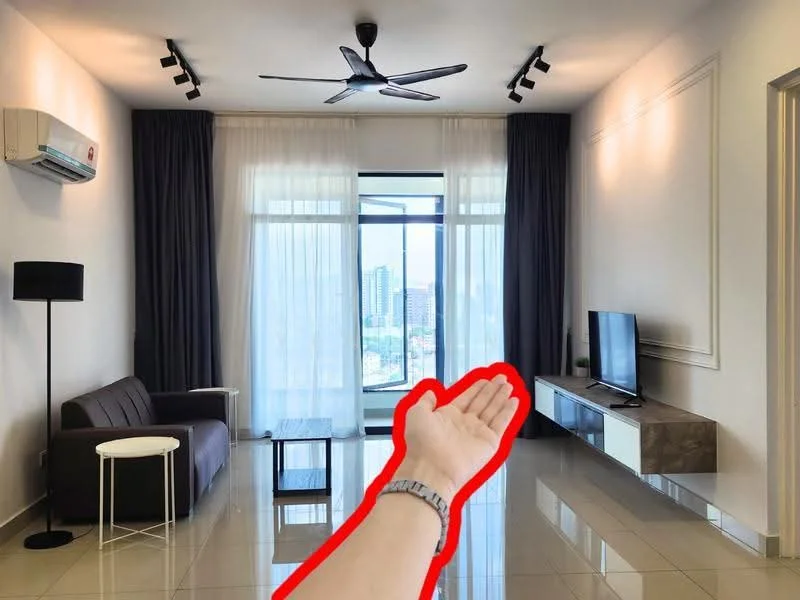 Living features: 3-seater fabric sofa in grey, white side table, floor lamp, wall-mounted TV, TV console in white, large floor-to-ceiling windows, sheer curtains, dark grey curtains, recessed LED downlights, 5-blade ceiling fan, glossy tile flooring, decorative wall moulding; style: modern; view: city.