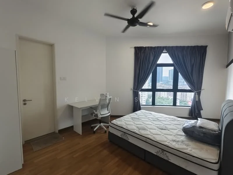 Bedroom features: queen-size bed, upholstered headboard, wooden flooring, floor-to-ceiling window, blackout curtains, ceiling fan, study desk, office chair, wall-mounted air conditioning unit; style: modern; view: city.