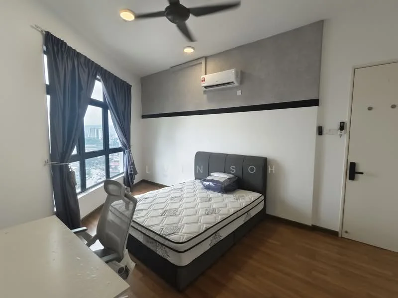 Bedroom features: queen-size bed, upholstered headboard, desk with chair, floor-to-ceiling windows, blackout curtains, air conditioning unit, wooden flooring, grey accent wall, light fixtures, wall-mounted intercom, door with security lock; style: modern; view: city.