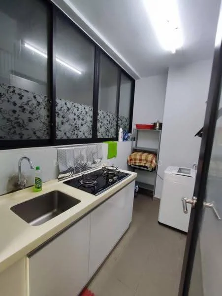 Kitchen features: single-bowl stainless-steel sink, chrome pull-down faucet, 2-burner gas hob, white laminate countertop, white cabinetry, glass panel backsplash with floral pattern, grey tiled flooring, washing machine, open shelving, refrigerator, window with black frames; style: modern.