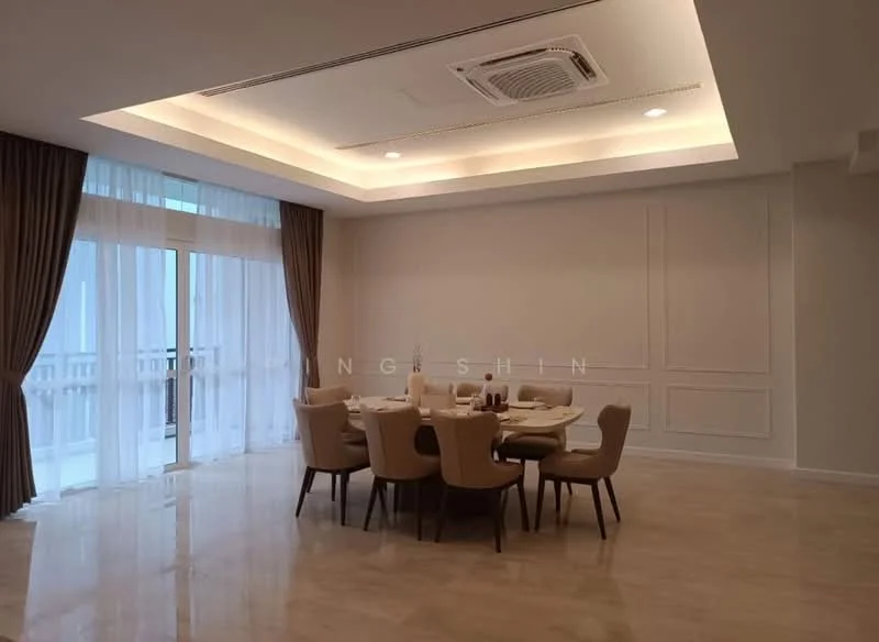 Dining features: 6-seater dining table, upholstered dining chairs, floor-to-ceiling windows, sheer curtains, recessed downlights, tray ceiling, cream painted walls, marble flooring, air conditioning unit; style: modern; view: city.