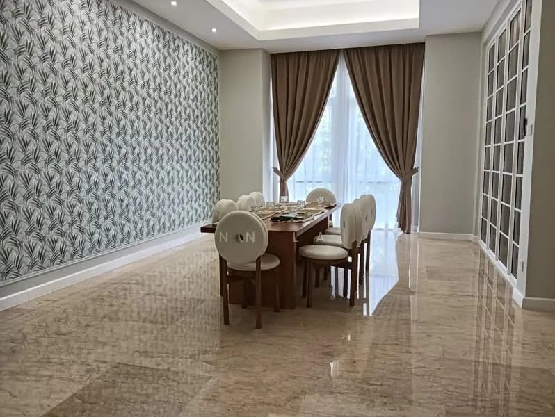 Dining features: marble flooring, green patterned wallpaper, dining table with wooden legs, upholstered dining chairs, floor-to-ceiling windows, sheer curtains, recessed downlights, decorative ceiling with tray design; style: modern; view: garden.
