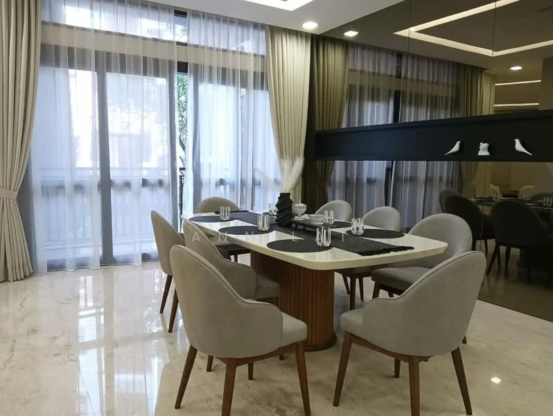 Dining features: round dining table, marble tabletop, upholstered dining chairs in grey, wooden legs on chairs, decorative centerpiece, sheer curtains, floor-to-ceiling windows, polished marble flooring, recessed ceiling lights, wall-mounted lighting, neutral wall colour; style: modern; view: garden.