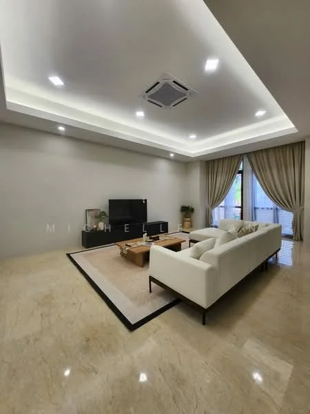Living features: cream fabric 3-seater sofa, wood coffee table, TV console, wall-mounted TV, marble flooring, recessed downlights, tray ceiling, floor-to-ceiling windows with sheer curtains, area rug, indoor plant; style: modern.