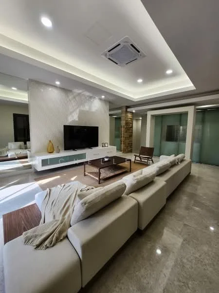 Living features: 3-seater fabric sofa in beige, coffee table, wall-mounted TV, TV console with storage, recessed downlights, ceiling-mounted air conditioning unit, marble flooring, decorative stone feature wall, large windows with glass doors, area rug, decorative throw blanket; style: modern.
