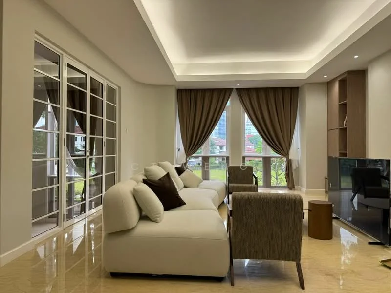 Living features: cream leather sectional sofa, two accent chairs in patterned fabric, coffee table, TV console, wall-mounted TV, floor-to-ceiling windows, sheer curtains, dark brown curtains, recessed downlights, tray ceiling, polished marble flooring, decorative wall paneling; style: modern; view: garden.