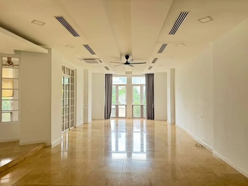 Living features: marble tile flooring, white painted walls, tray ceiling, recessed downlights, 5-blade ceiling fan, floor-to-ceiling windows, sliding glass door, sheer curtains, natural light, open layout; style: modern; view: garden.