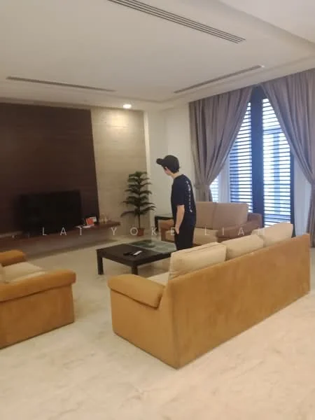 Living features: 2-seater fabric sofa in beige, 3-seater fabric sofa in light brown, coffee table, wall-mounted TV, feature wall with stone cladding, cream marble flooring, floor-to-ceiling windows with wooden blinds, decorative indoor plant, recessed ceiling lights, curtains in light fabric; style: modern.