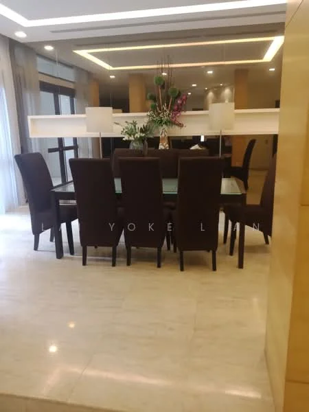 Dining features: 6-seater dining table with glass top, upholstered dining chairs in brown, decorative floral arrangement, pendant lighting above table, marble flooring, neutral wall color, large windows with sheer curtains, recessed ceiling lights; style: modern.