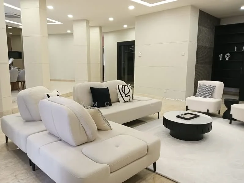 Living features: L-shape sectional sofa in cream, decorative black and white throw pillows, round coffee table with black surface, area rug in light color, recessed downlights, white painted walls, marble flooring, built-in shelving unit, floor-to-ceiling windows, open layout; style: modern.