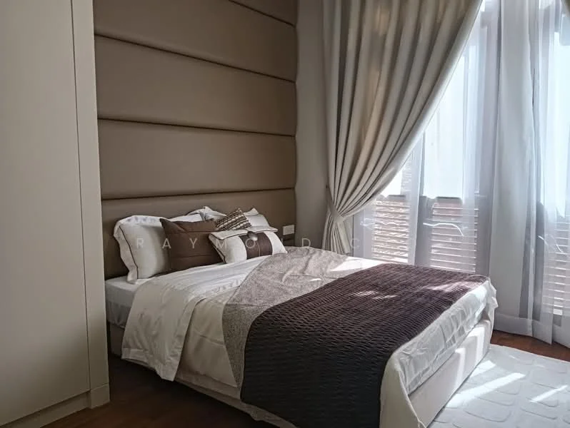 Bedroom features: king-size bed with upholstered headboard, white bedding with decorative pillows, brown throw blanket, wooden flooring, floor-to-ceiling windows, sheer curtains, dark brown accent wall, decorative wall paneling, nightstand with lamp, area rug with geometric pattern; style: modern.
