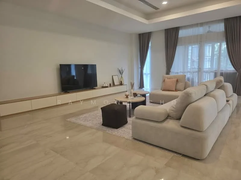 Living features: large beige sectional sofa, light grey area rug, wooden coffee table, small dark brown ottoman, wall-mounted flat-screen TV, white media console, floor-to-ceiling windows with sheer curtains, recessed ceiling lights, cream marble flooring, decorative plant in vase, decorative pillows on sofa; style: modern.