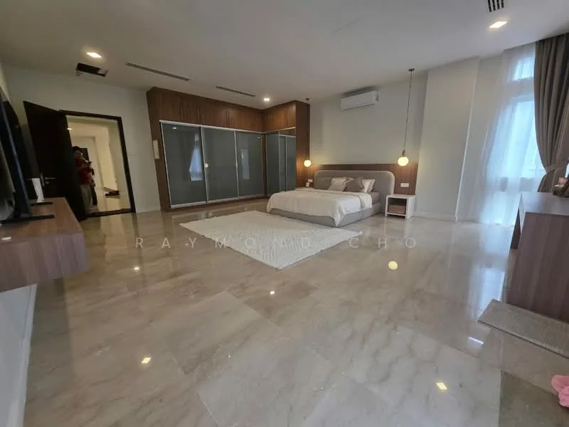Bedroom features: king-size bed, upholstered headboard, 2 bedside lamps, built-in wardrobe with sliding doors, wall-mounted TV, marble flooring, large windows with sheer curtains, recessed downlights, ceiling-mounted air conditioning unit, decorative area rug; style: modern.