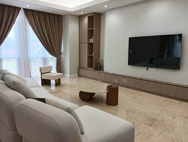 Living features: 3-seater fabric sofa in cream, coffee table with curved design, wall-mounted flat-screen TV, built-in wooden TV console, marble flooring, floor-to-ceiling windows, sheer curtains, recessed ceiling lights, decorative shelving unit, neutral wall color; style: modern.
