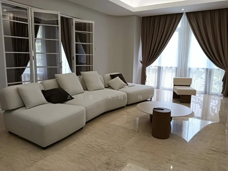 Living features: L-shape sectional sofa in light beige, marble flooring, round coffee table with wooden base, floor-to-ceiling windows, sheer curtains, dark brown drapes, recessed downlights, decorative wall with neutral paint; style: modern.
