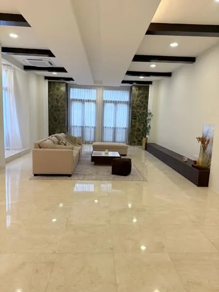 Living features: cream marble flooring, white painted walls, exposed beam ceiling, recessed downlights, floor-to-ceiling windows with sheer curtains, stone accent wall, 3-seater fabric sofa in beige, coffee table, TV console, decorative plant, area rug; style: modern.