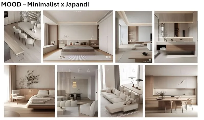 Living features: light wood flooring, white walls, large windows with sheer curtains, minimalist furniture, sectional sofa in light fabric, coffee table with a simple design, decorative plants in ceramic pots, pendant lighting, abstract wall art; style: minimalist. Bedroom features: king-size bed with light wood frame, neutral bedding, built-in wardrobe with sliding doors, minimalist bedside tables, floor-to-ceiling windows, soft area rug, decorative wall art; style: japandi. Dining features: long dining table in light wood, upholstered dining chairs, minimalist table setting, large windows with natural light, decorative centerpiece, simple pendant lighting; style: minimalist. Bathroom features: double-sink vanity with wood cabinetry, large mirror, walk-in shower with glass enclosure, neutral tile flooring, modern fixtures, natural light from window; style: minimalist.