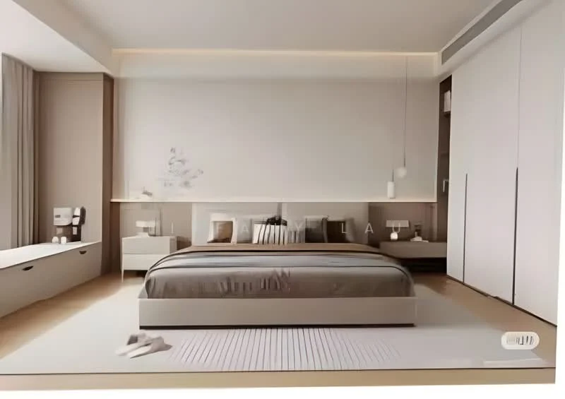 Bedroom features: king-size bed with grey bedding, upholstered headboard, two bedside tables with lamps, built-in wardrobe with sliding doors, light wood flooring, white walls, recessed ceiling lighting, decorative wall art, sheer curtains, area rug with textured pattern; style: modern.