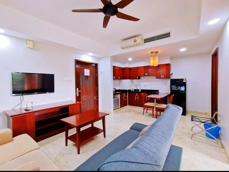 Living features: 3-seater fabric sofa in light grey, 2-seater fabric sofa in beige, wooden coffee table, wall-mounted TV, TV console with storage, ceiling fan with light, recessed downlights, cream tiled flooring, air conditioning unit, decorative wall art; style: modern. Kitchen features: L-shaped kitchen layout, dark wood cabinetry, black countertop, stainless-steel sink, built-in stove, refrigerator, microwave, tile backsplash, under-cabinet lighting; style: modern.